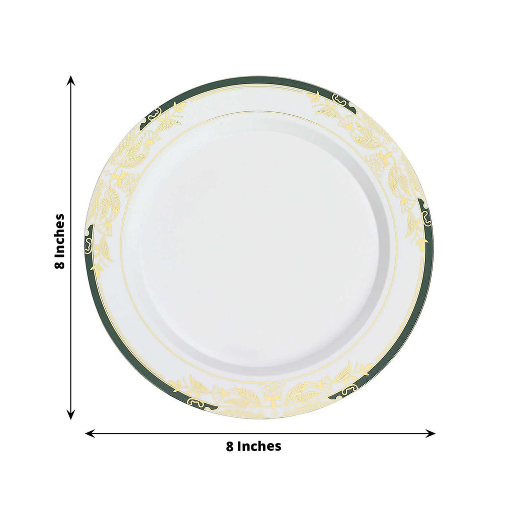 10-Pack Plastic 8" Round Dessert Plates in White with Hunter Emerald Green Rim - Stylish Gold Vine Design Disposable Salad/Appetizer Plates for Special Occasions & Celebrations