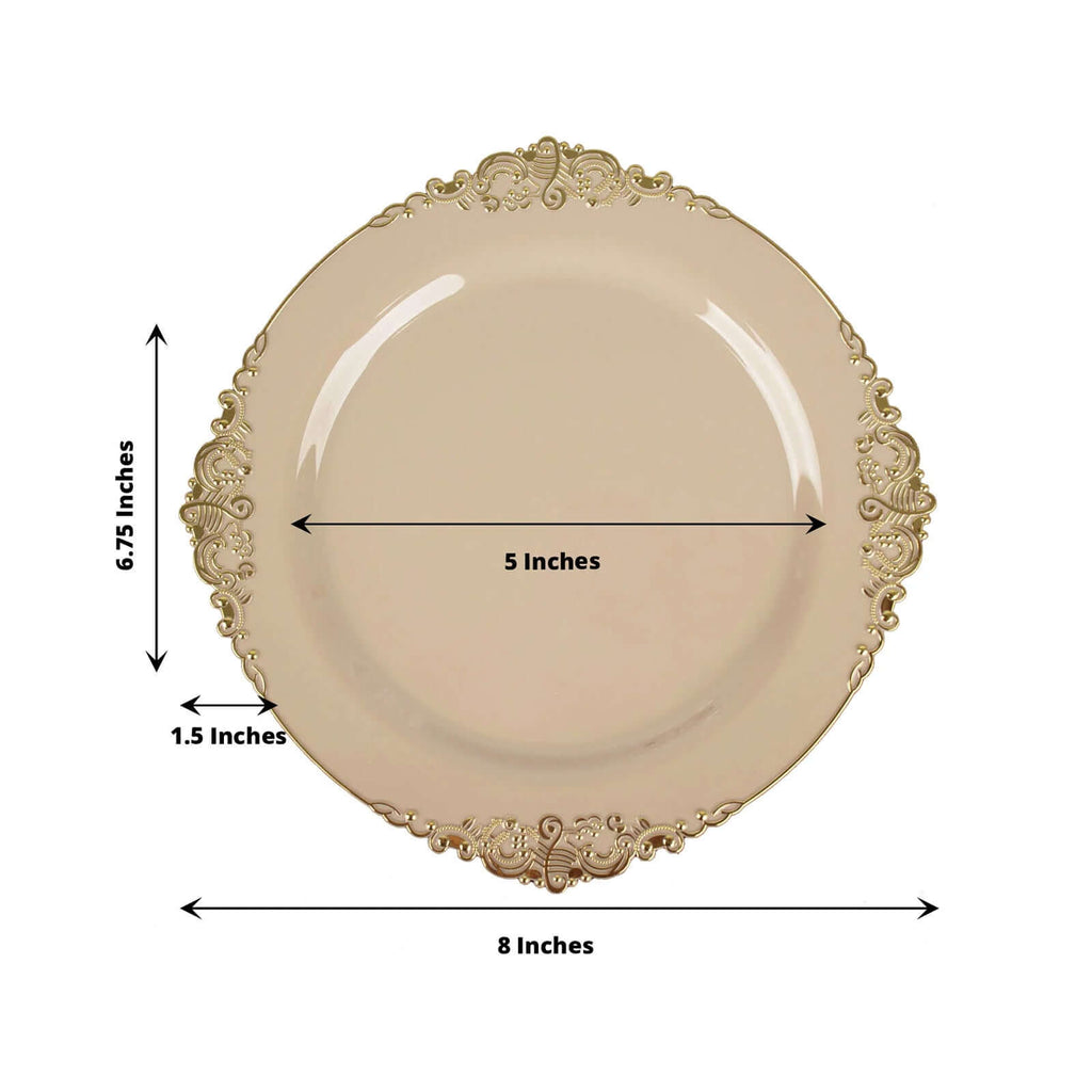 10-Pack Plastic 8" Round Dessert Plates in Taupe with Gold Leaf Embossed Rim - Disposable Vintage Baroque Style Salad Plates