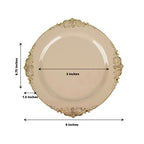 10-Pack Plastic 8" Round Dessert Plates in Taupe with Gold Leaf Embossed Rim - Disposable Vintage Baroque Style Salad Plates