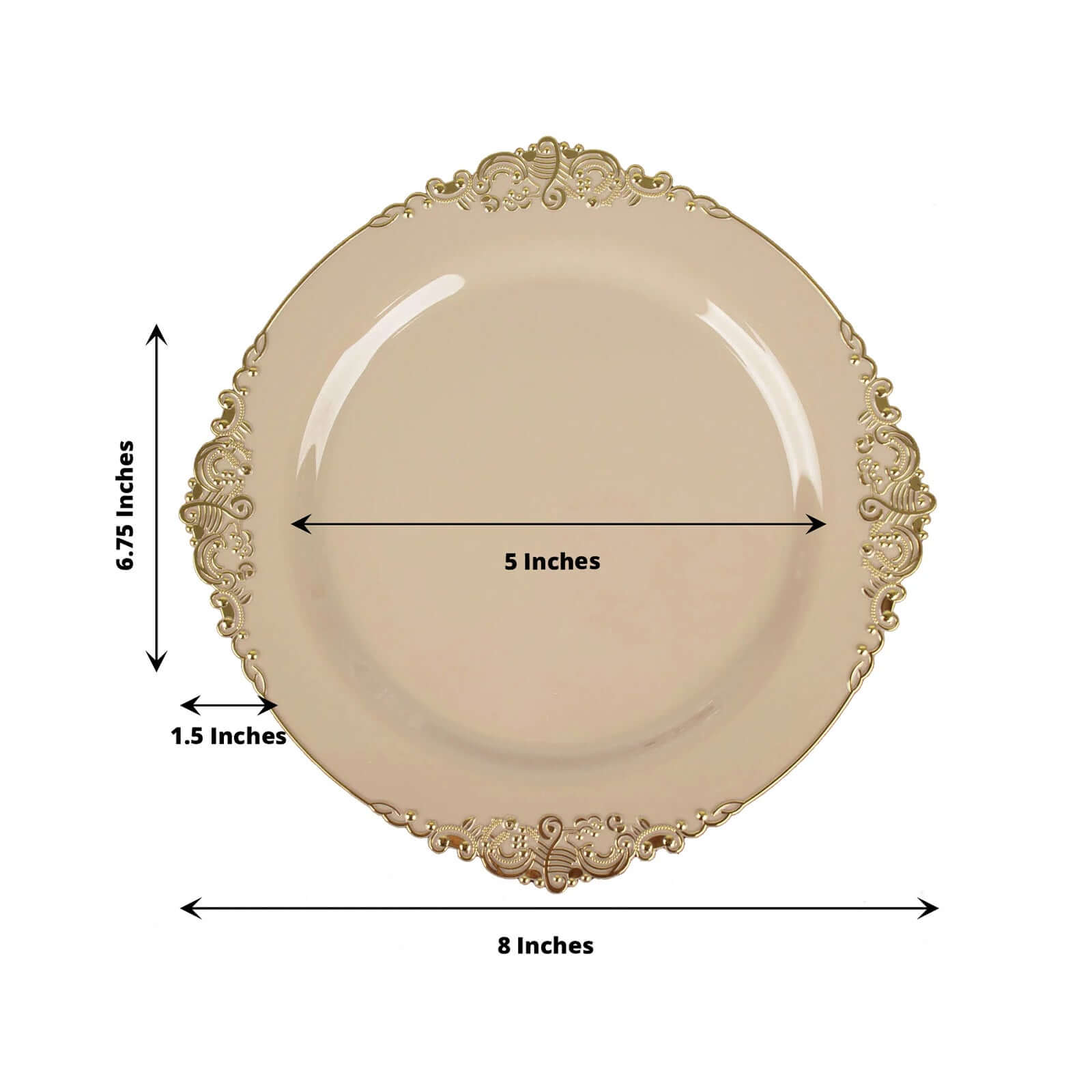 10-Pack Plastic 8" Round Dessert Plates in Taupe with Gold Leaf Embossed Rim - Disposable Vintage Baroque Style Salad Plates