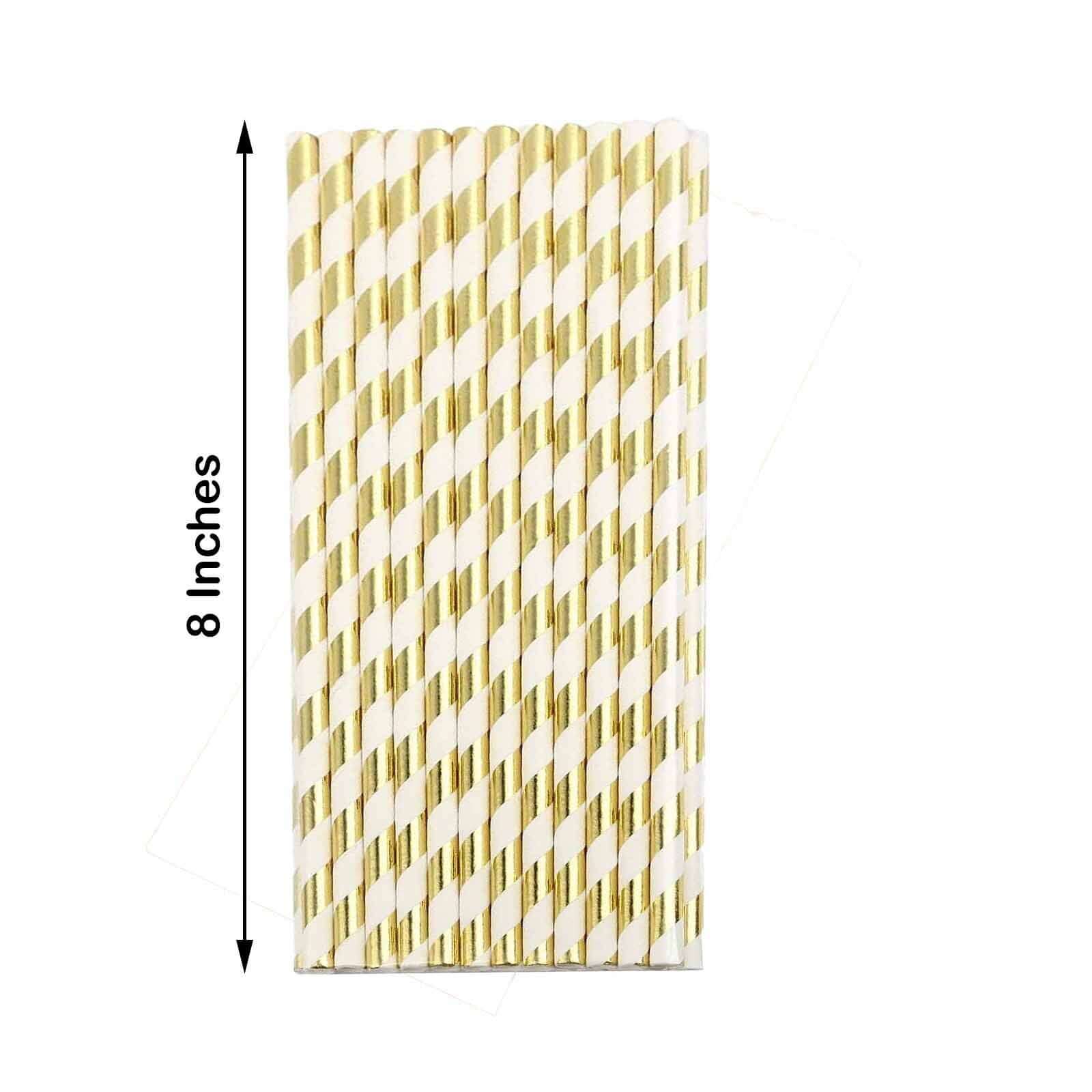 25-Pack Paper Straws White/Gold Striped - Stylish Disposable Straws for Drinks 8"