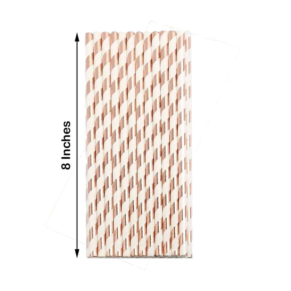 25-Pack Paper Straws White/Rose Gold Striped - Stylish Disposable Straws for Drinks 8"