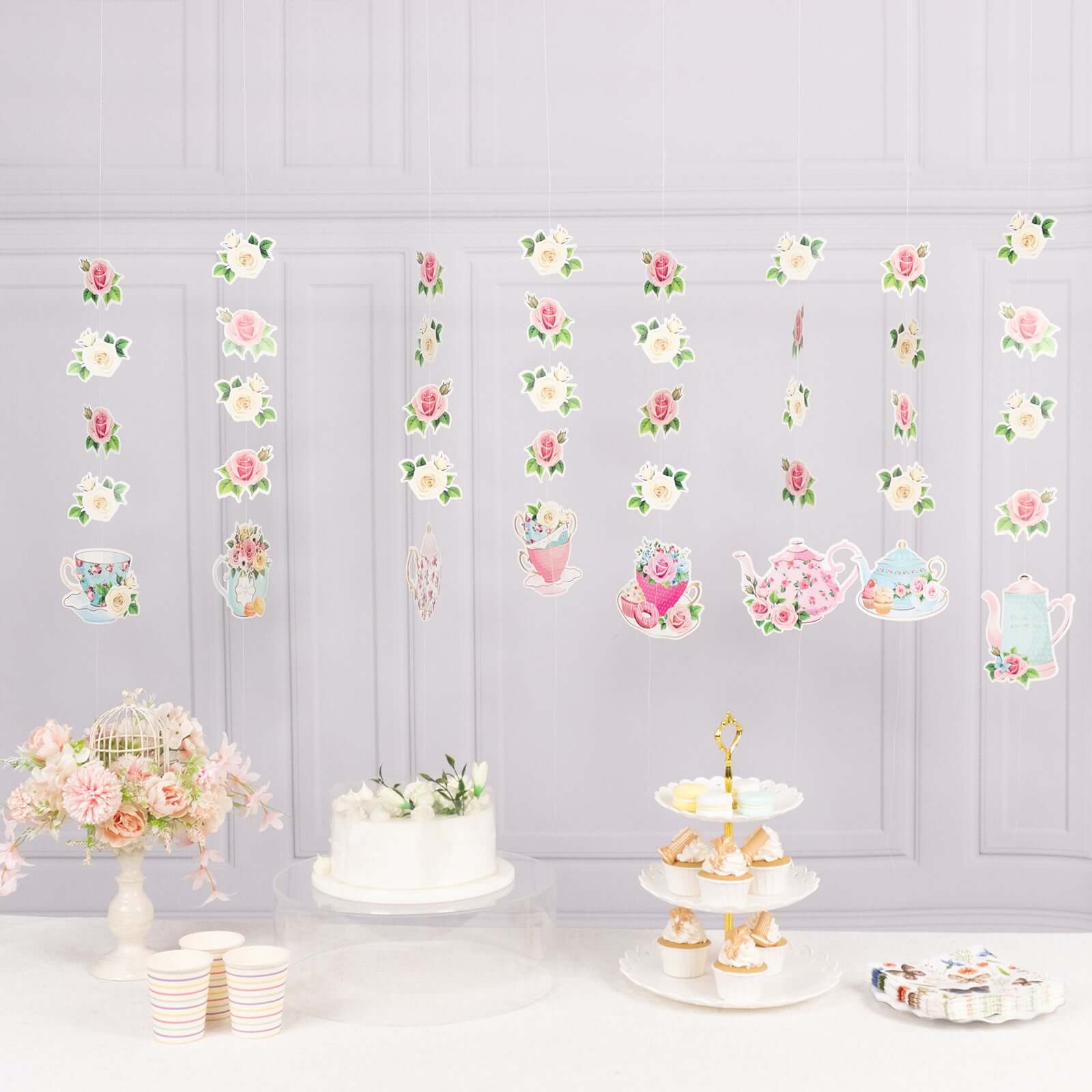 8 Pack Double Sided Floral Tea Party Paper Garland, 40" Pre - Assembled Mixed Teapot Banner Hanging Decorations - Bell Racket Store