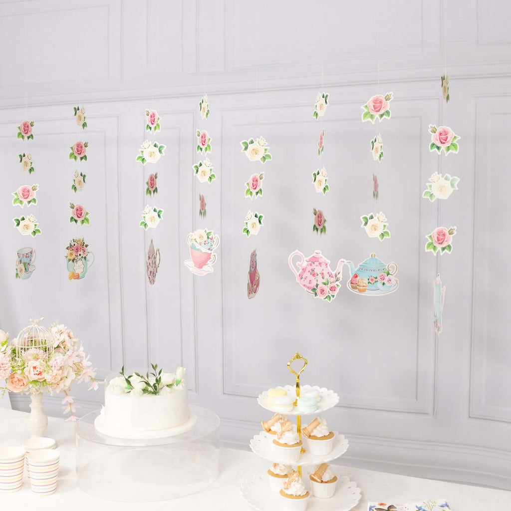 8 Pack Double Sided Floral Tea Party Paper Garland, 40" Pre - Assembled Mixed Teapot Banner Hanging Decorations - Bell Racket Store