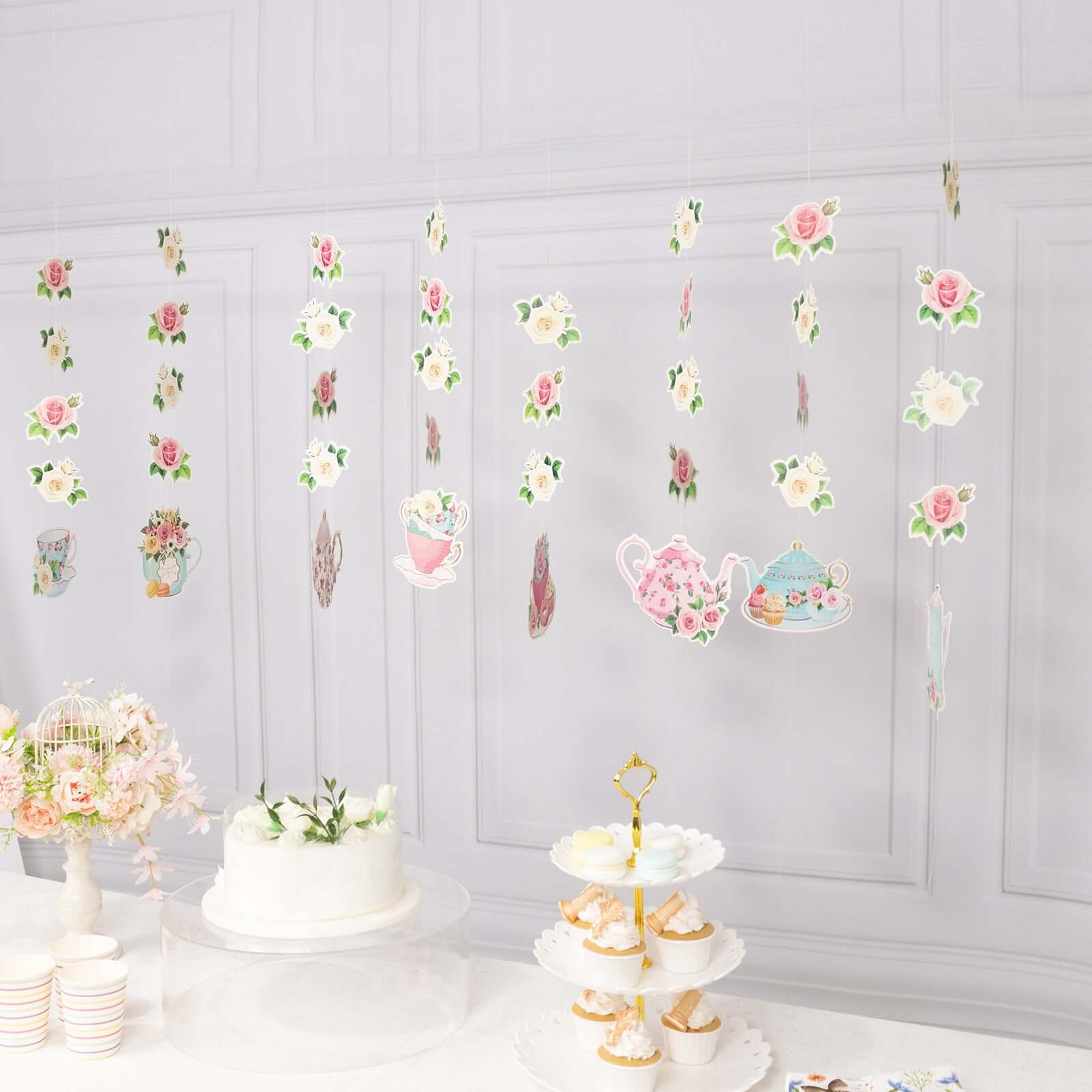 8 Pack Double Sided Floral Tea Party Paper Garland, 40" Pre - Assembled Mixed Teapot Banner Hanging Decorations - Bell Racket Store