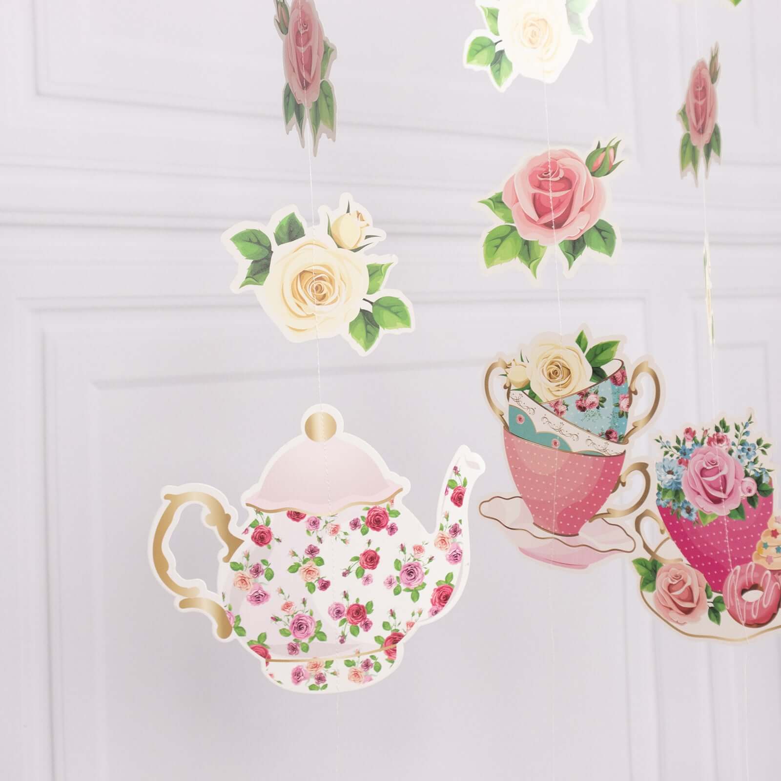 8 Pack Double Sided Floral Tea Party Paper Garland, 40" Pre - Assembled Mixed Teapot Banner Hanging Decorations - Bell Racket Store