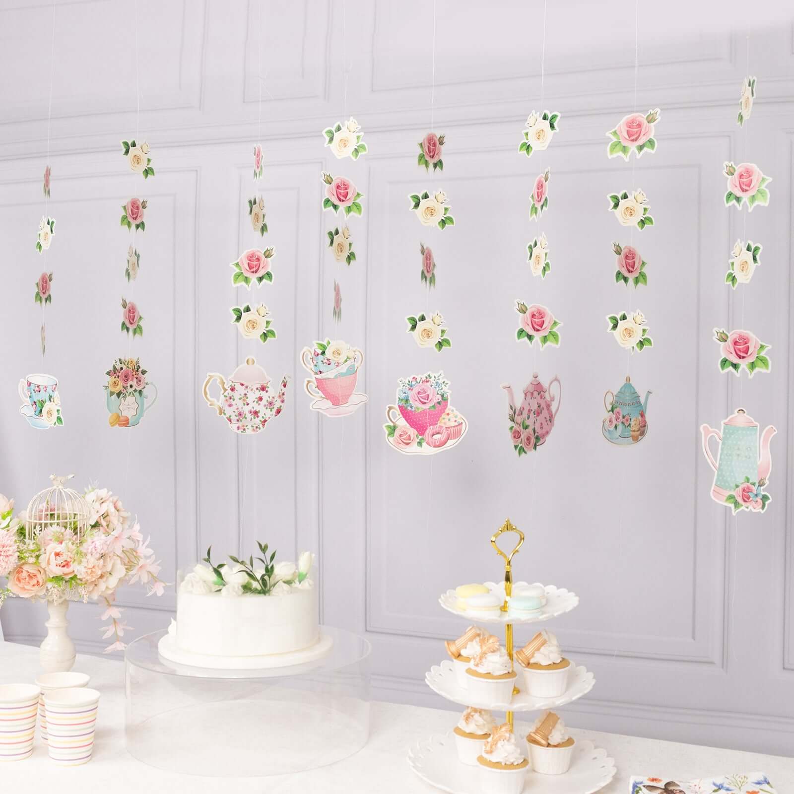 8 Pack Double Sided Floral Tea Party Paper Garland, 40" Pre - Assembled Mixed Teapot Banner Hanging Decorations - Bell Racket Store