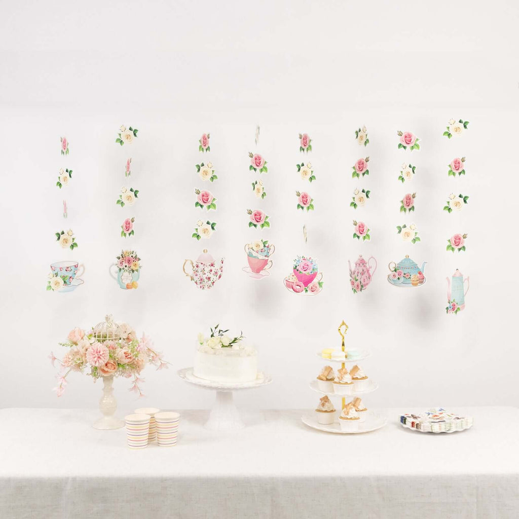8 Pack Double Sided Floral Tea Party Paper Garland, 40" Pre - Assembled Mixed Teapot Banner Hanging Decorations - Bell Racket Store