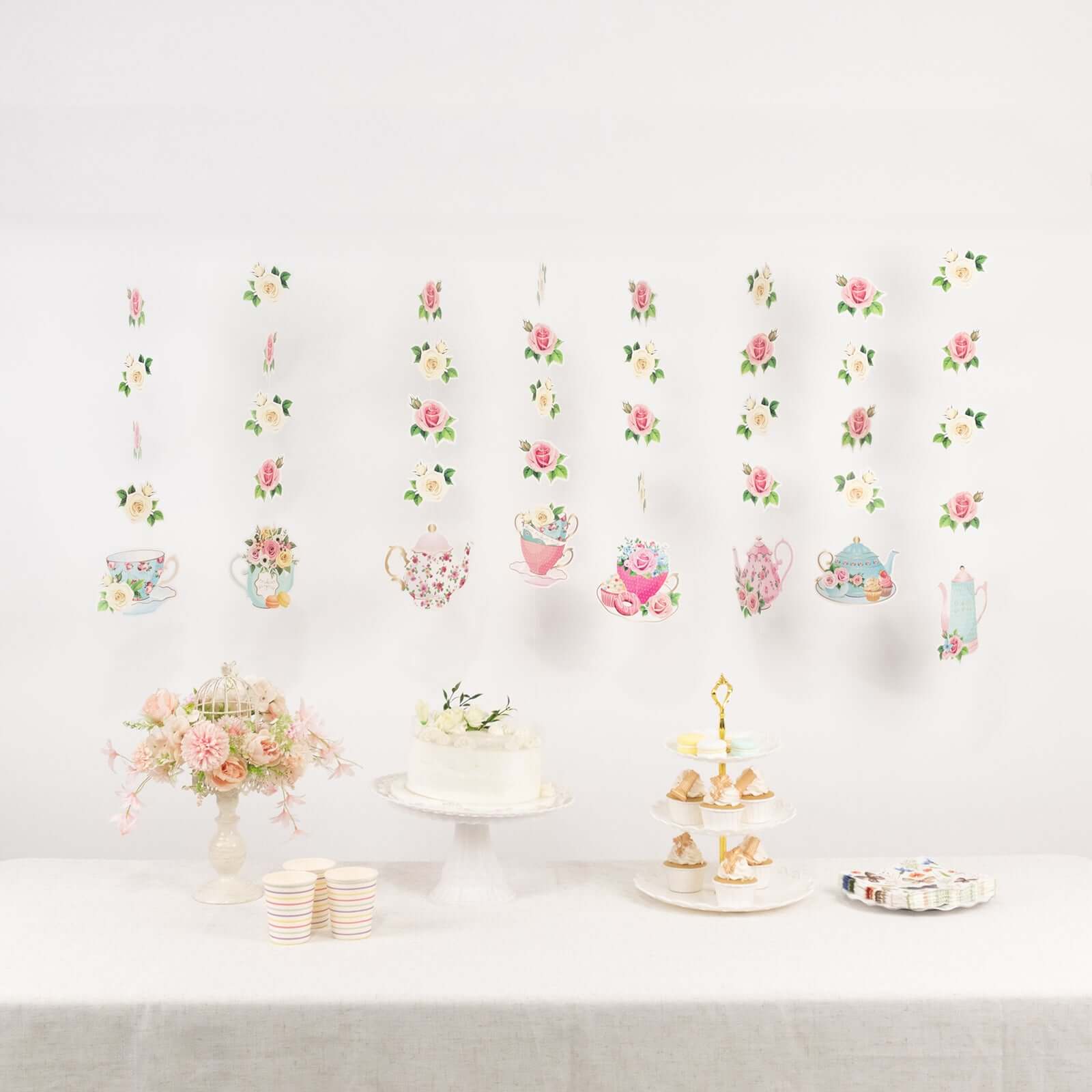 8 Pack Double Sided Floral Tea Party Paper Garland, 40" Pre - Assembled Mixed Teapot Banner Hanging Decorations - Bell Racket Store