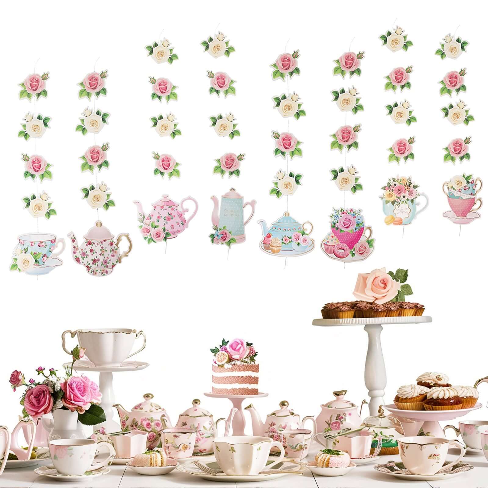 8 Pack Double Sided Floral Tea Party Paper Garland, 40" Pre - Assembled Mixed Teapot Banner Hanging Decorations - Bell Racket Store