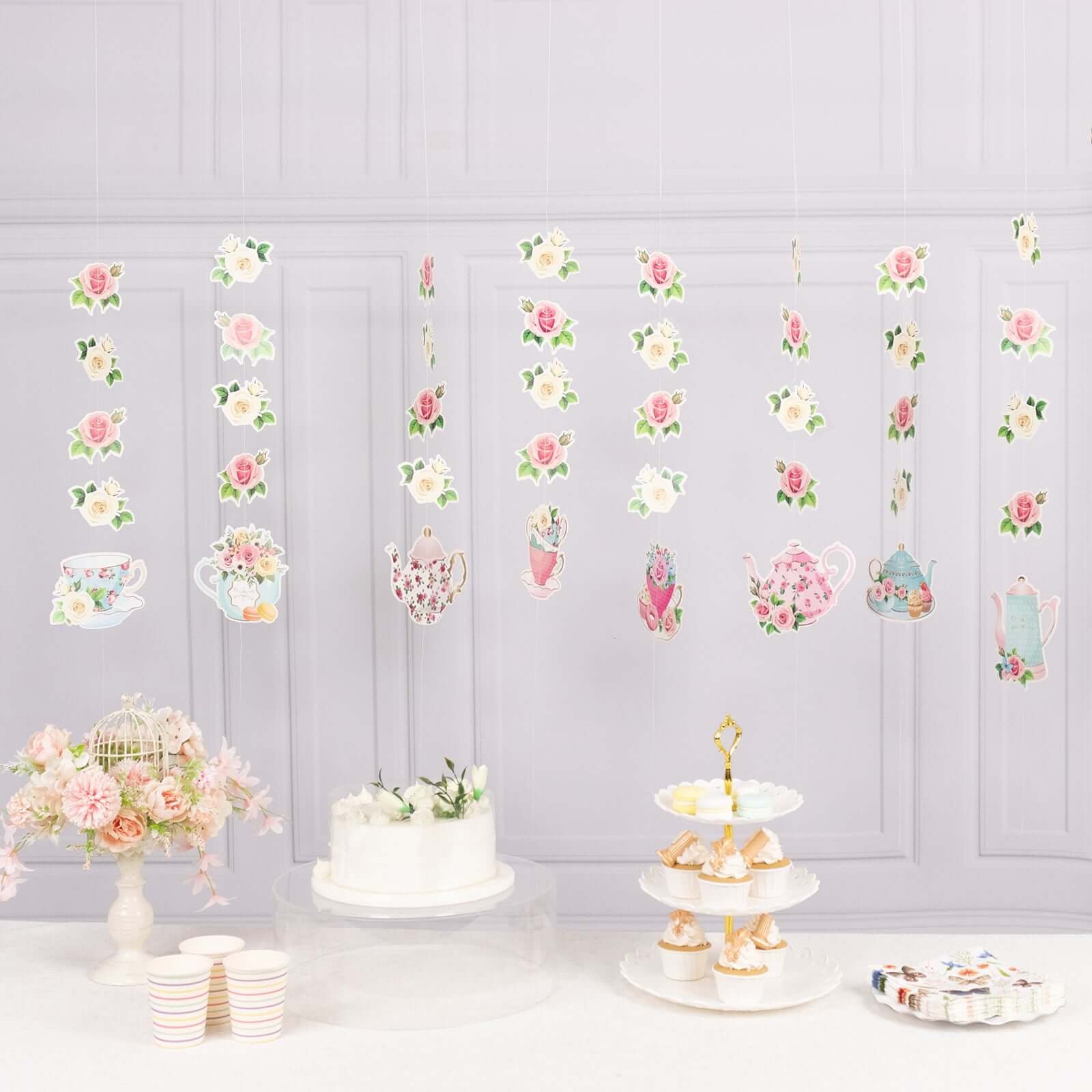 8 Pack Double Sided Floral Tea Party Paper Garland, 40" Pre - Assembled Mixed Teapot Banner Hanging Decorations - Bell Racket Store