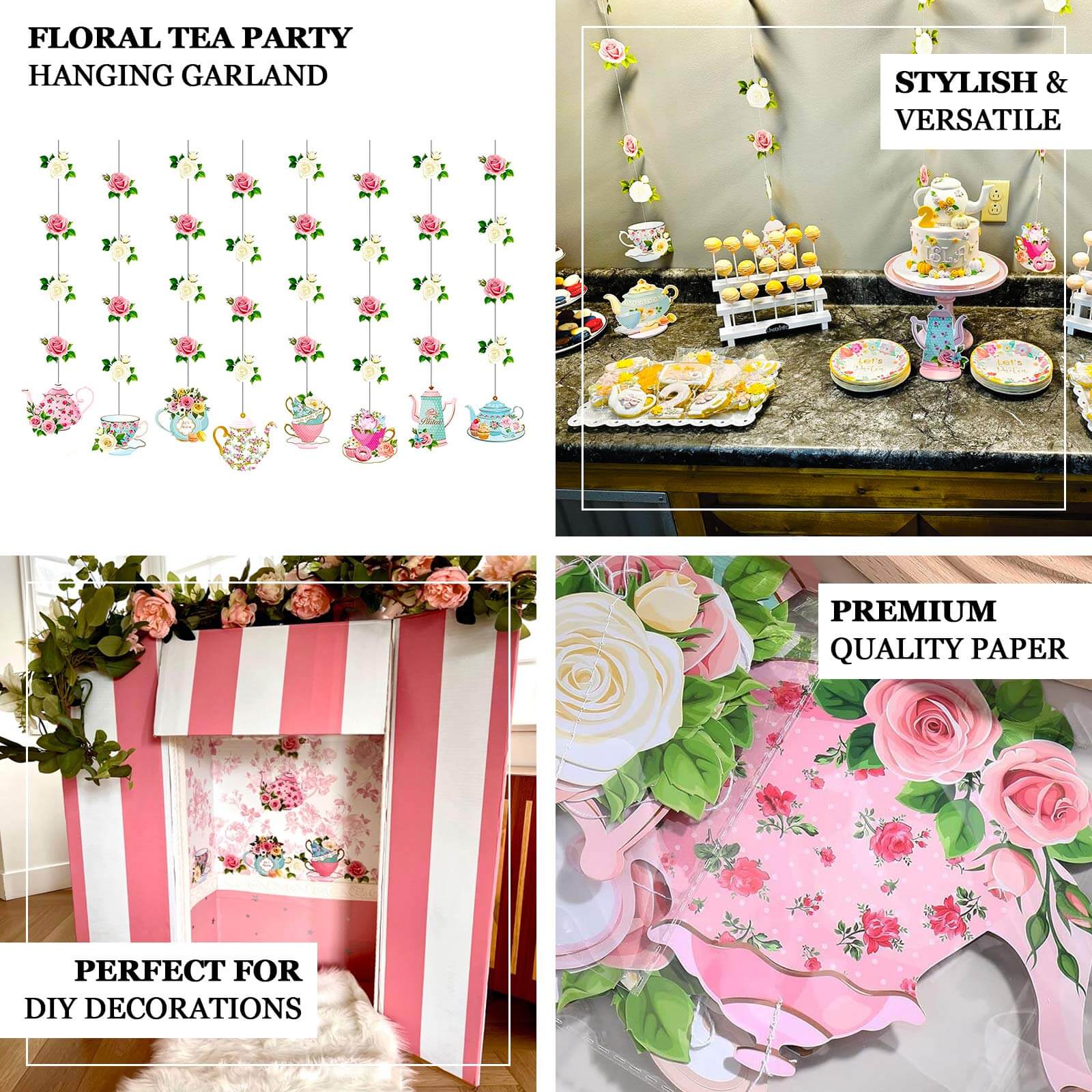 8 Pack Double Sided Floral Tea Party Paper Garland, 40" Pre - Assembled Mixed Teapot Banner Hanging Decorations - Bell Racket Store