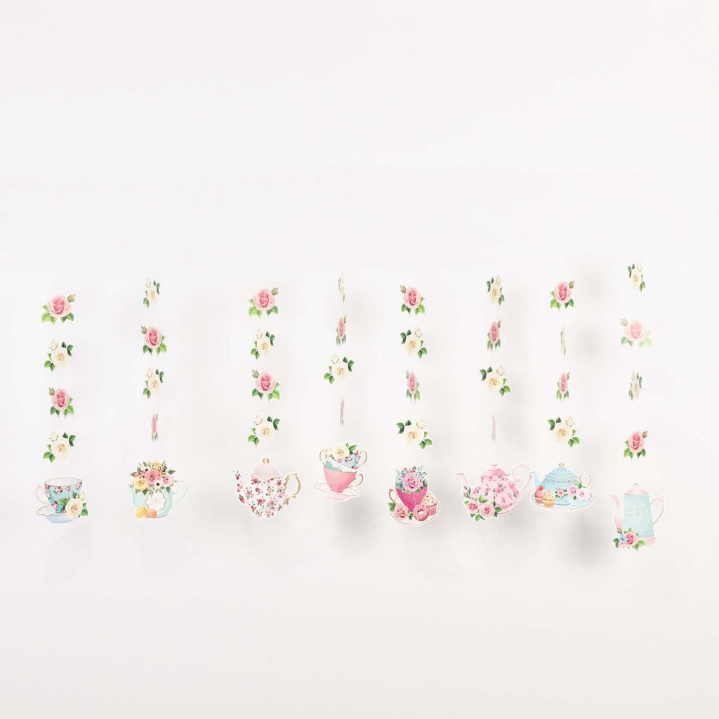 8 Pack Double Sided Floral Tea Party Paper Garland, 40" Pre - Assembled Mixed Teapot Banner Hanging Decorations - Bell Racket Store