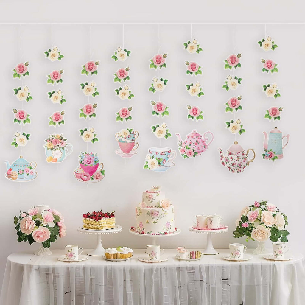 8 Pack Double Sided Floral Tea Party Paper Garland, 40" Pre - Assembled Mixed Teapot Banner Hanging Decorations - Bell Racket Store