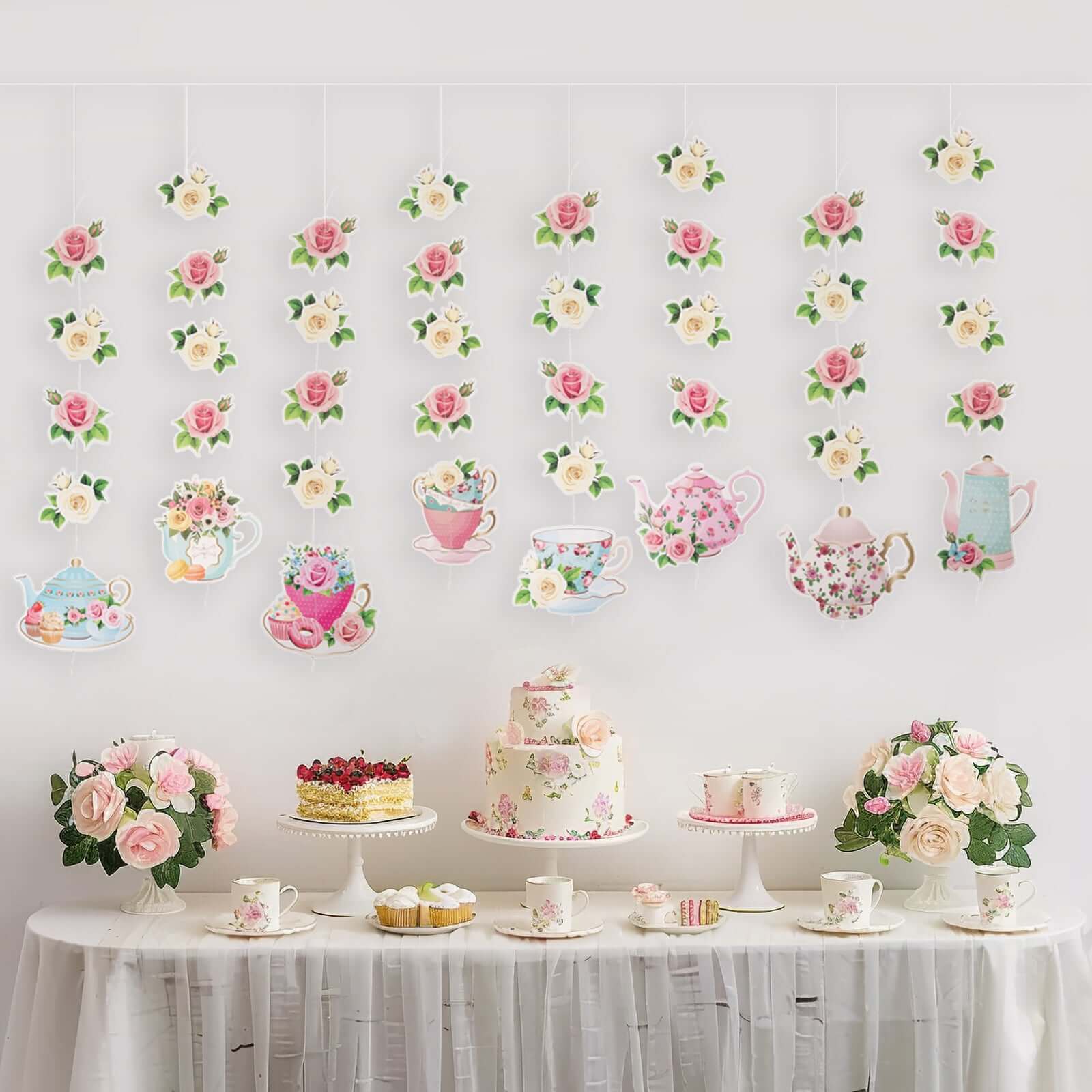 8 Pack Double Sided Floral Tea Party Paper Garland, 40" Pre - Assembled Mixed Teapot Banner Hanging Decorations - Bell Racket Store