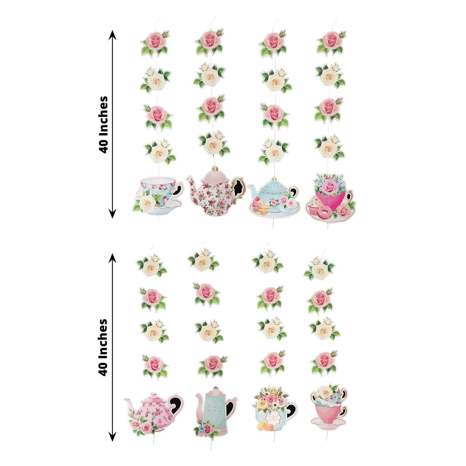 8 Pack Double Sided Floral Tea Party Paper Garland, 40" Pre - Assembled Mixed Teapot Banner Hanging Decorations - Bell Racket Store