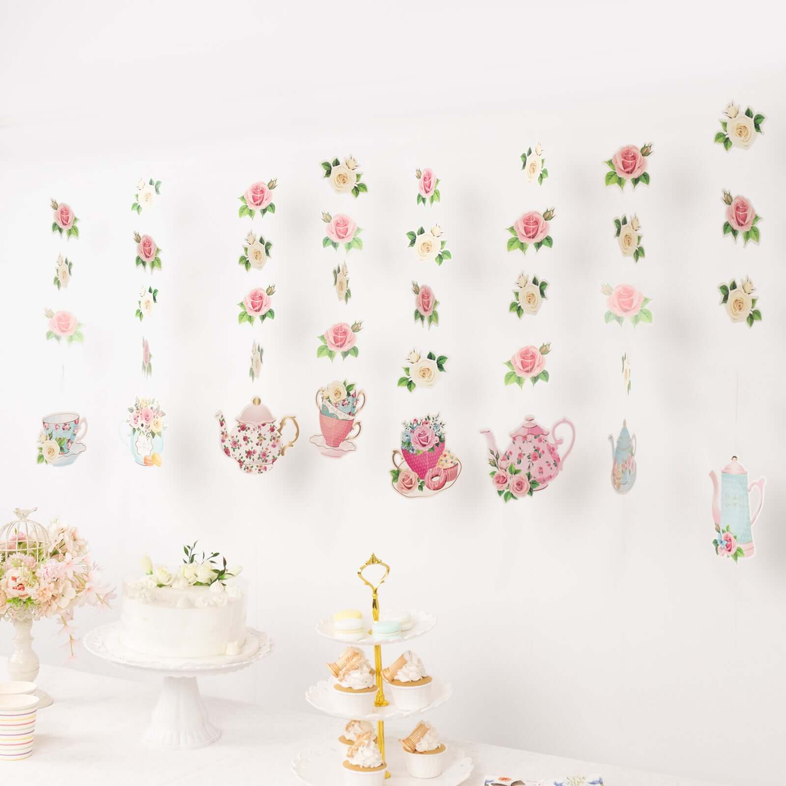 8 Pack Double Sided Floral Tea Party Paper Garland, 40" Pre - Assembled Mixed Teapot Banner Hanging Decorations - Bell Racket Store