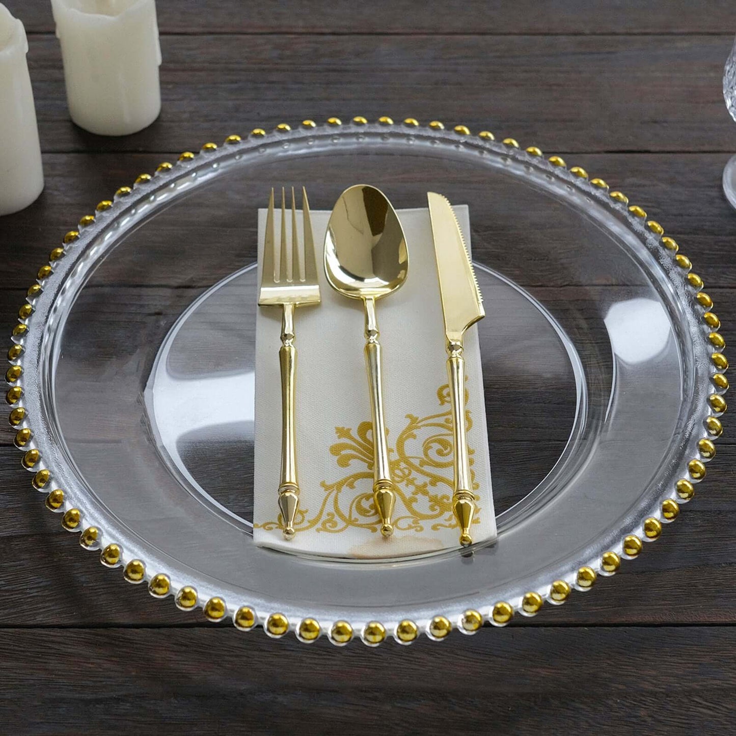 8 - Pack Glass Round Charger Plates 12" Clear with Gold Beaded Rim, Event Tabletop Decorative Dinner Charger Tableware - NestOCart