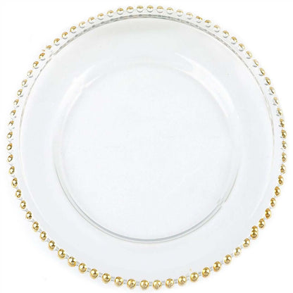 8 - Pack Glass Round Charger Plates 12" Clear with Gold Beaded Rim, Event Tabletop Decorative Dinner Charger Tableware - NestOCart