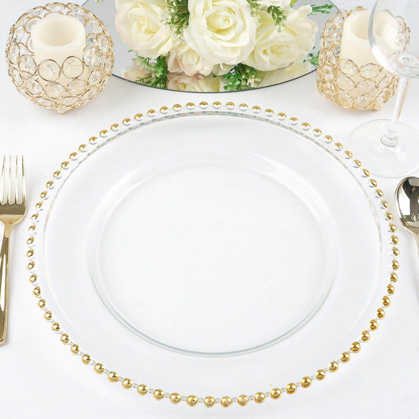 8 - Pack Glass Round Charger Plates 12" Clear with Gold Beaded Rim, Event Tabletop Decorative Dinner Charger Tableware - NestOCart