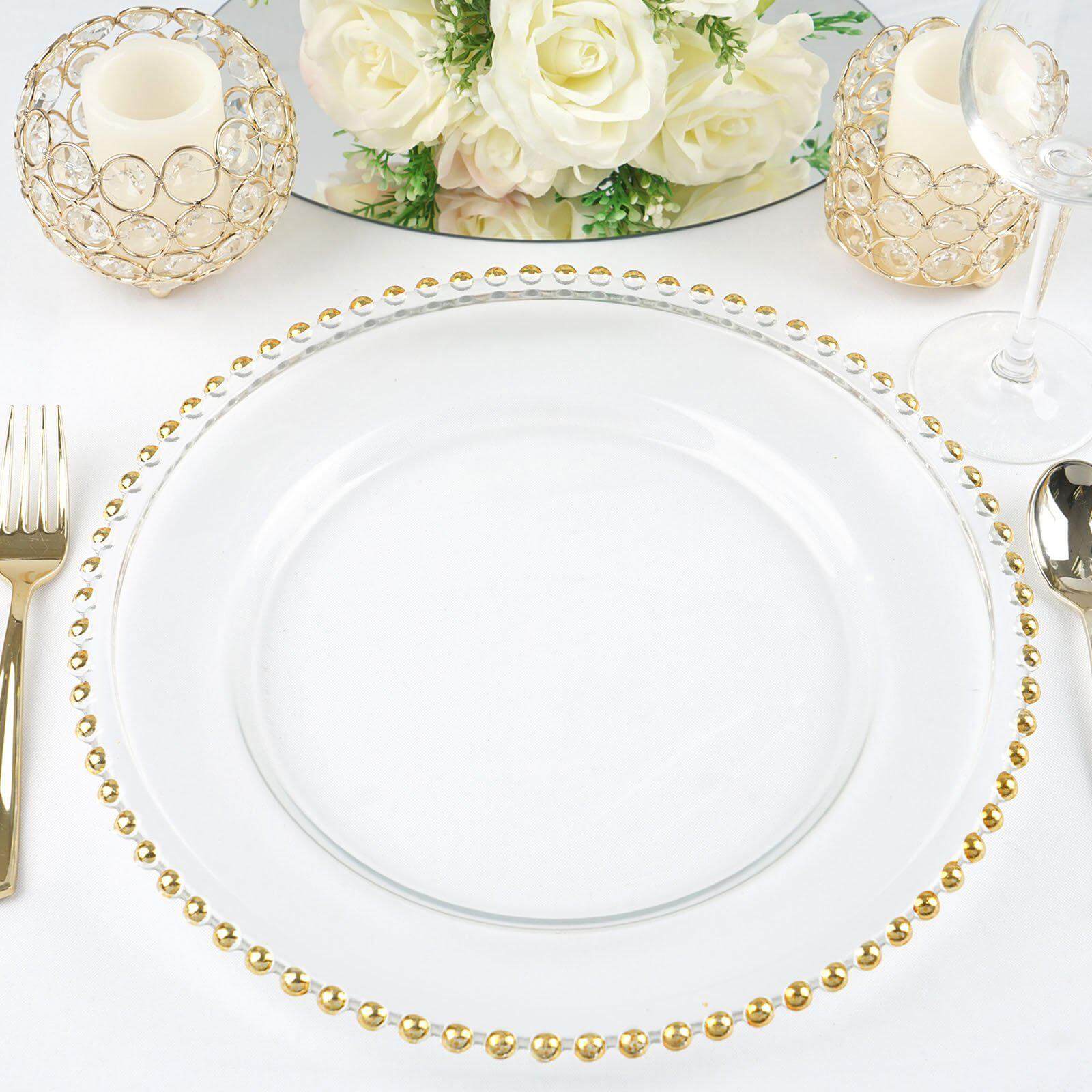 8 - Pack Glass Round Charger Plates 12" Clear with Gold Beaded Rim, Event Tabletop Decorative Dinner Charger Tableware - NestOCart