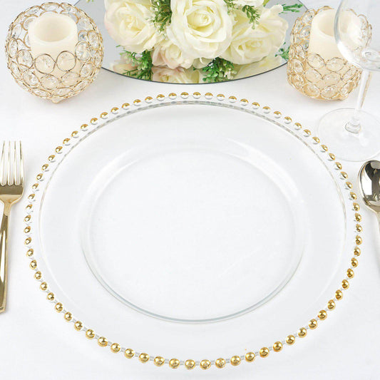 8 - Pack Glass Round Charger Plates 12" Clear with Gold Beaded Rim, Event Tabletop Decorative Dinner Charger Tableware - NestOCart