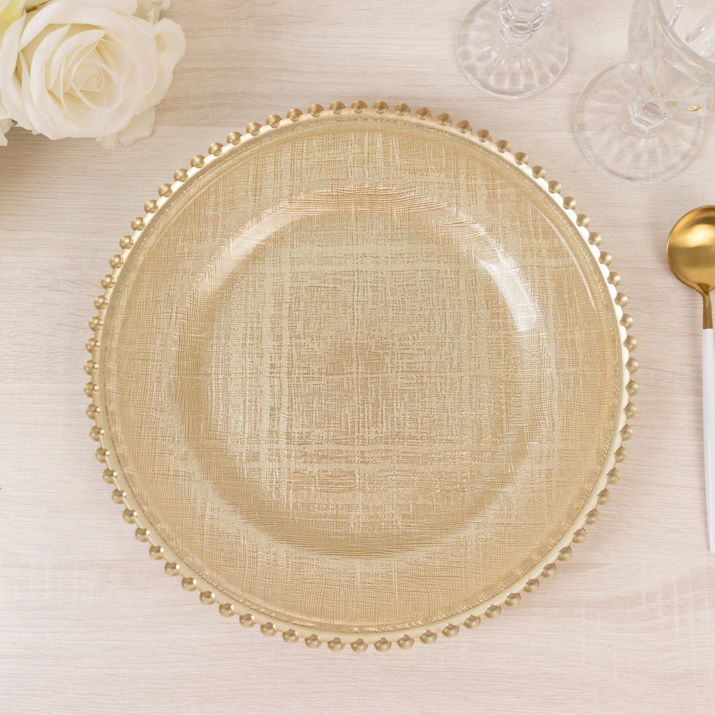 8 - Pack Glass Round Charger Plates 12" in Gold with Beaded Rim & Cross - Stitch Pattern, Event Tabletop Decorative Dinner Charger Tableware - Bell Racket Store