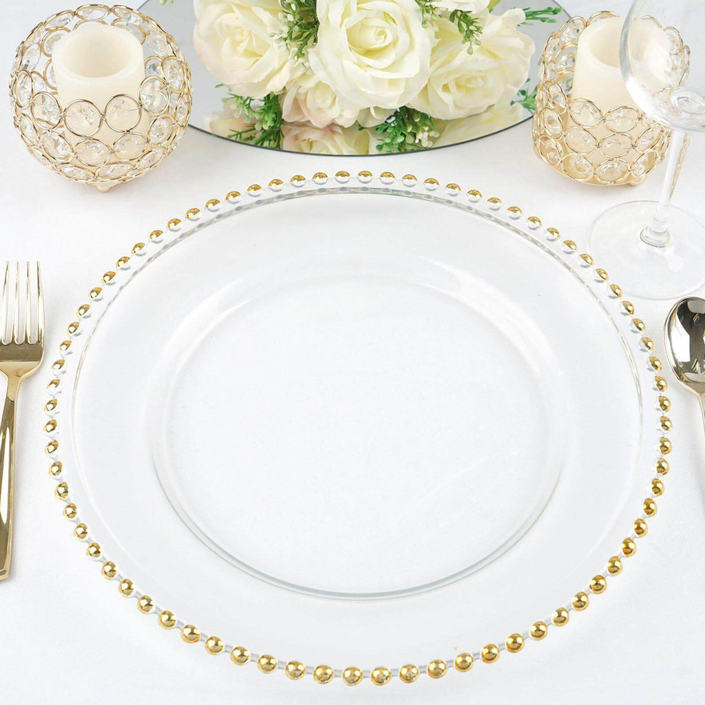 8-Pack Glass Round Charger Plates 12" Clear with Gold Beaded Rim, Event Tabletop Decorative Dinner Charger Tableware