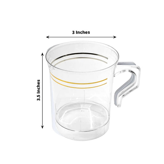8 - Pack Plastic Coffee Mugs Clear with Gold Stripes - Sturdy Disposable Cups for Coffee and Tea 8oz 3.5" - Bell Racket Store