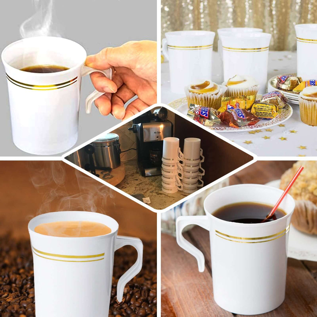 8 - Pack Plastic Coffee Mugs Clear with Gold Stripes - Sturdy Disposable Cups for Coffee and Tea 8oz 3.5" - Bell Racket Store