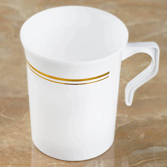 8 - Pack Plastic Coffee Mugs White with Gold Stripes - Sturdy Disposable Cups for Coffee and Tea 8oz 4" - NestOCart