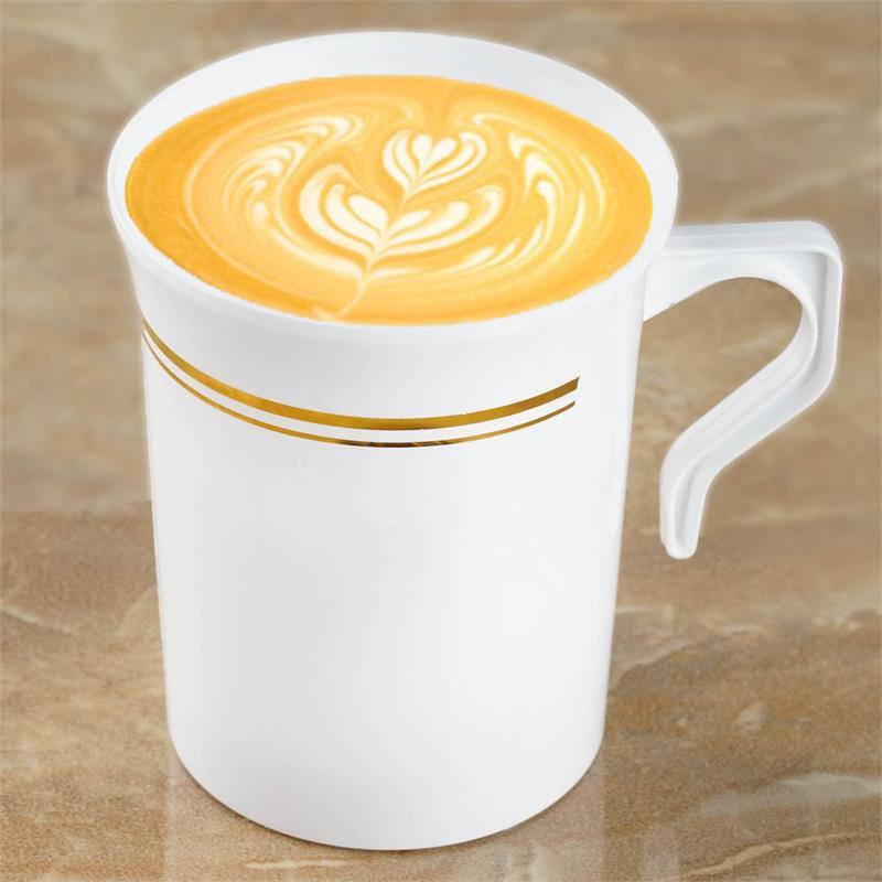 8 - Pack Plastic Coffee Mugs White with Gold Stripes - Sturdy Disposable Cups for Coffee and Tea 8oz 4" - NestOCart