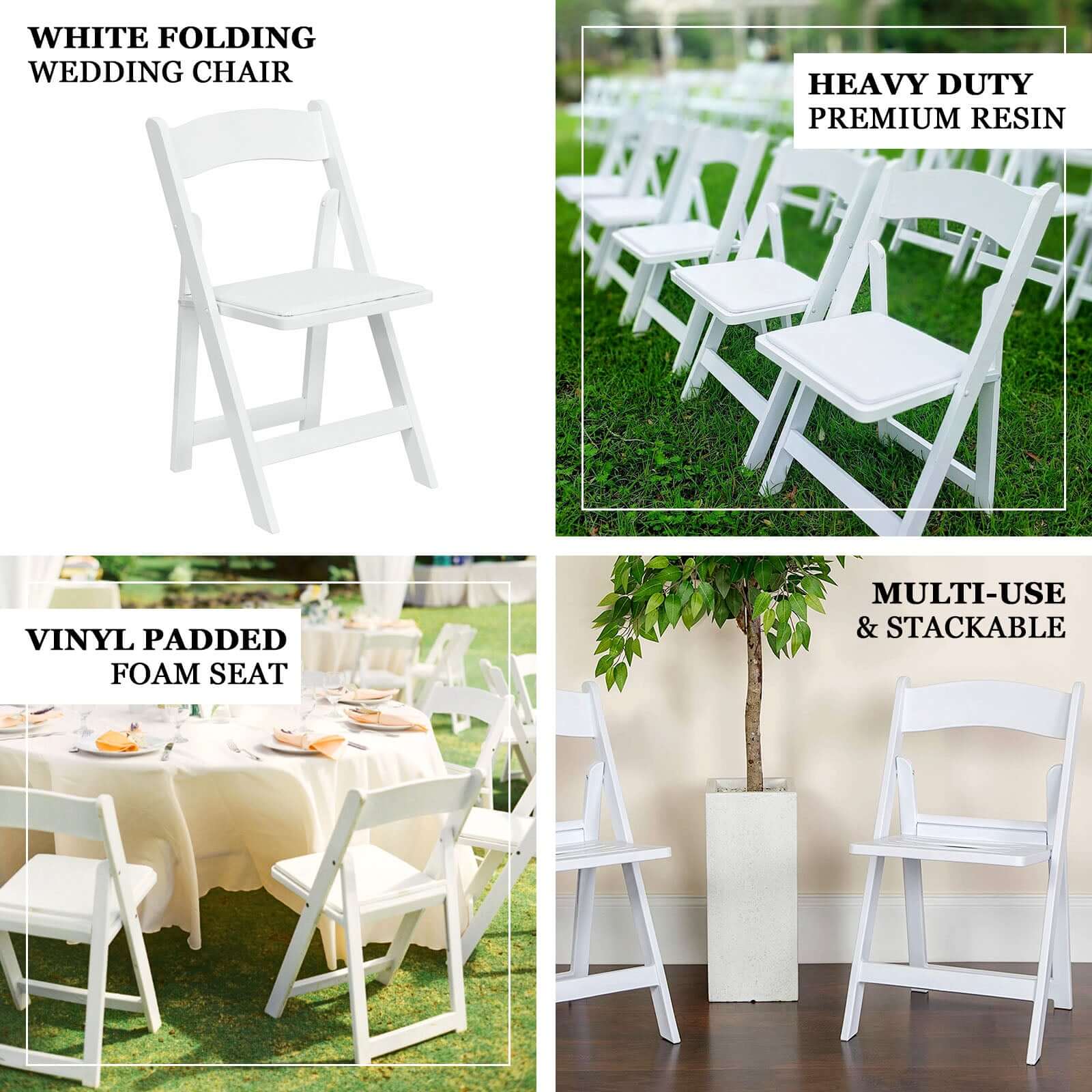 8 - Pack Resin Chairs with Vinyl Padded Seat for Folding Use White â€“ Stylish Design for Indoor or Outdoor Weddings & Gatherings - Bell Racket Store
