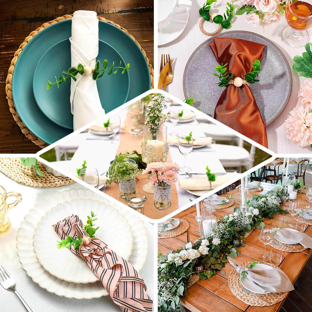 8 Pack Rustic Green Eucalyptus Leaf Wooden Beaded Jute Napkin Rings, Handmade Farmhouse Burlap Napkin Serviette Buckle Holders - Bell Racket Store