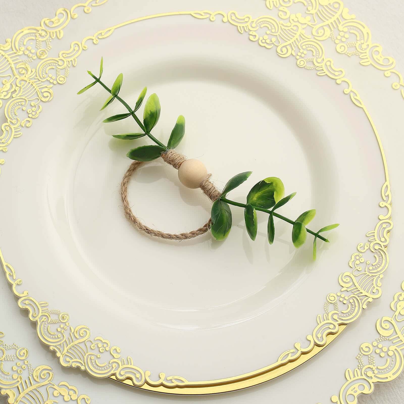 8 Pack Rustic Green Eucalyptus Leaf Wooden Beaded Jute Napkin Rings, Handmade Farmhouse Burlap Napkin Serviette Buckle Holders - Bell Racket Store