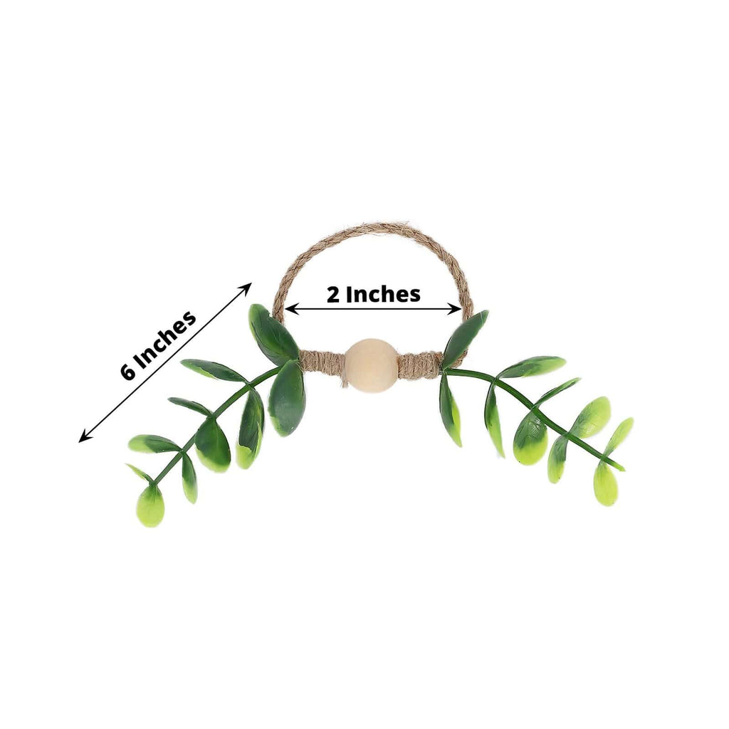 8 Pack Rustic Green Eucalyptus Leaf Wooden Beaded Jute Napkin Rings, Handmade Farmhouse Burlap Napkin Serviette Buckle Holders - Bell Racket Store