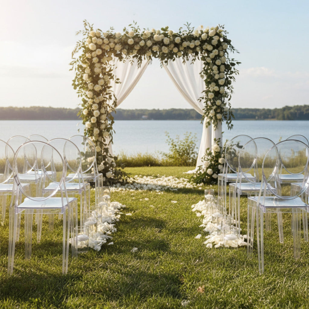8 Pack Stackable Clear Acrylic Ghost Banquet Chairs with Oval Back, Fully Assembled Armless Event Accent Chair - Bell Racket Store