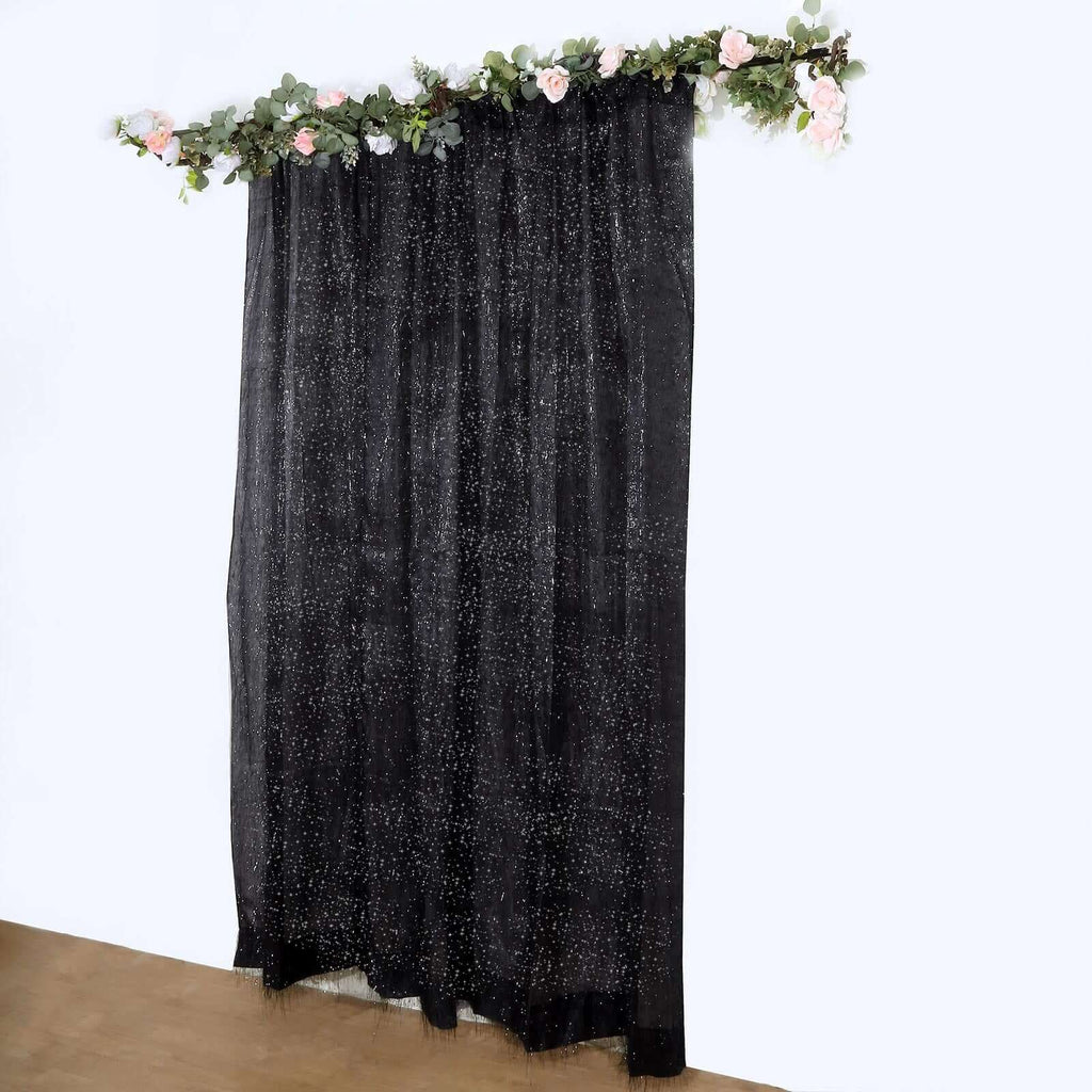 8ft Black Metallic Fringe Shag Event Drapery Panel, Shimmery Tinsel Polyester Divider Backdrop Curtain - Bell Racket Store
