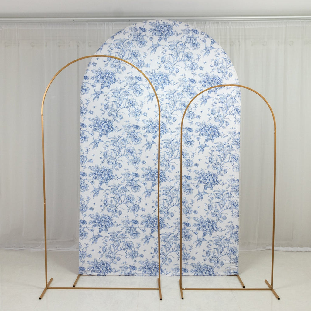 8ft Fitted Spandex Chiara Backdrop Cover â€“ French Toile Blue & White Floral Arch Slipcover for Round Top Wedding Stand - Bell Racket Store