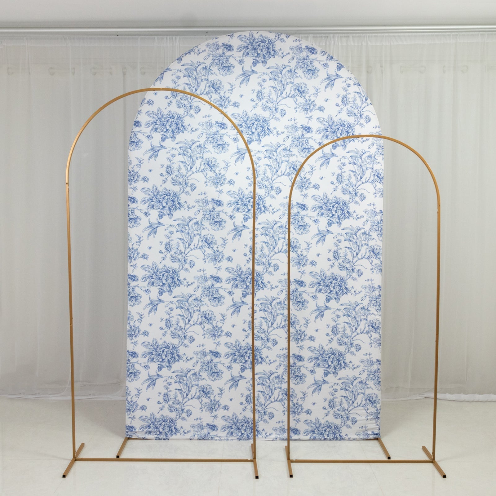 8ft Fitted Spandex Chiara Backdrop Cover â€“ French Toile Blue & White Floral Arch Slipcover for Round Top Wedding Stand - Bell Racket Store