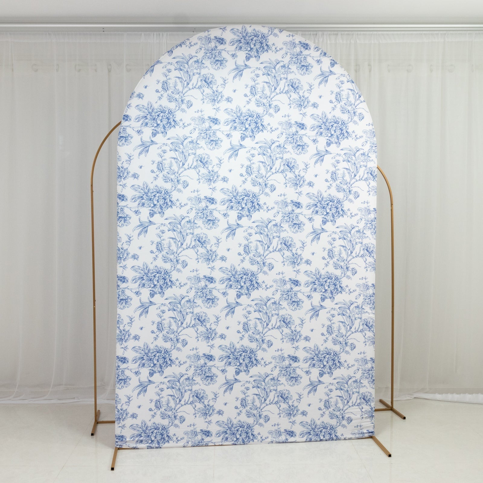 8ft Fitted Spandex Chiara Backdrop Cover â€“ French Toile Blue & White Floral Arch Slipcover for Round Top Wedding Stand - Bell Racket Store
