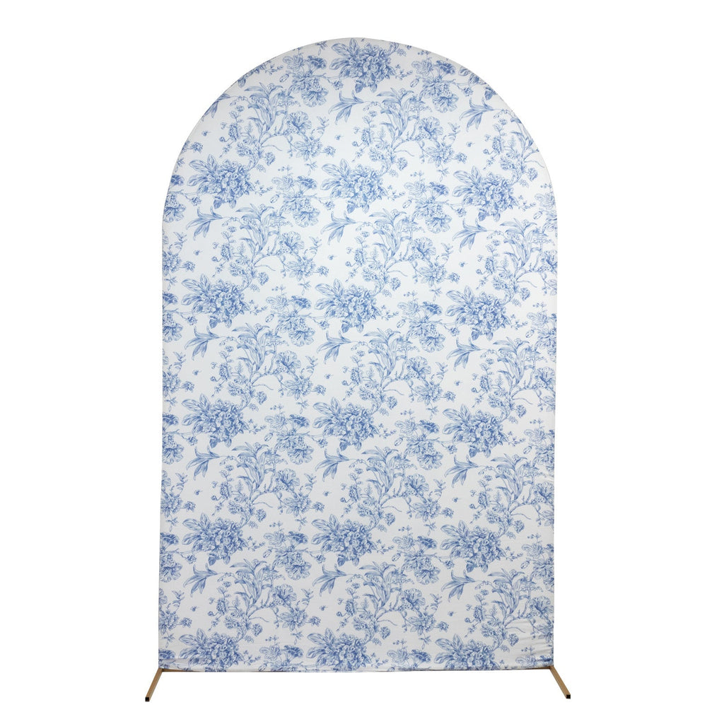 8ft Fitted Spandex Chiara Backdrop Cover â€“ French Toile Blue & White Floral Arch Slipcover for Round Top Wedding Stand - Bell Racket Store