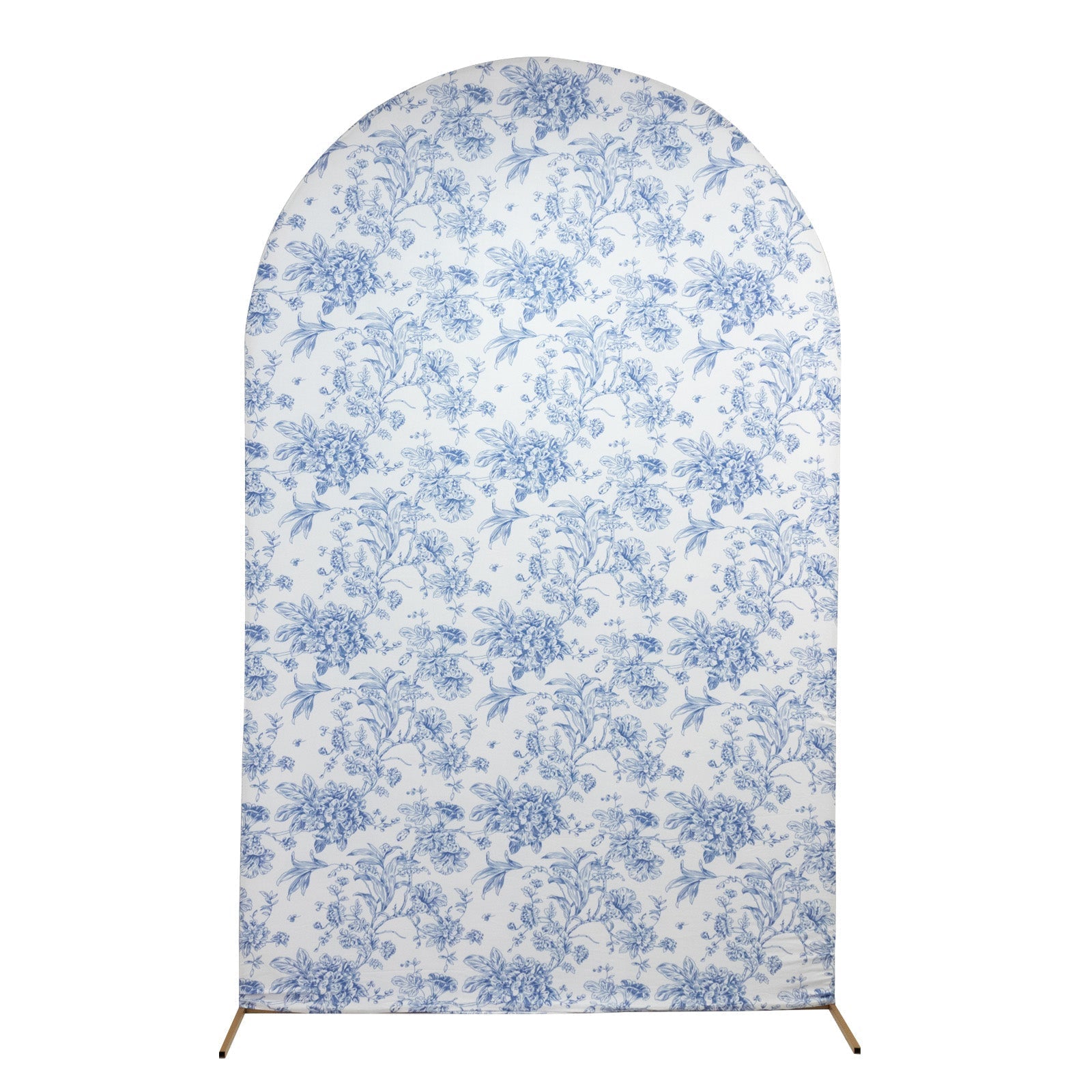 8ft Fitted Spandex Chiara Backdrop Cover â€“ French Toile Blue & White Floral Arch Slipcover for Round Top Wedding Stand - Bell Racket Store