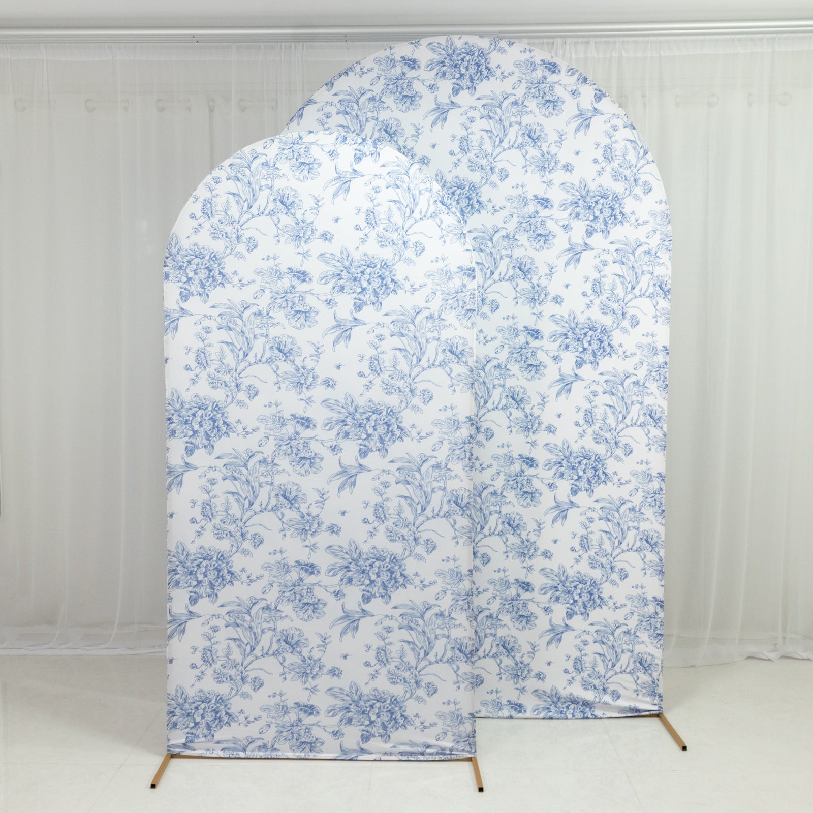 8ft Fitted Spandex Chiara Backdrop Cover â€“ French Toile Blue & White Floral Arch Slipcover for Round Top Wedding Stand - Bell Racket Store