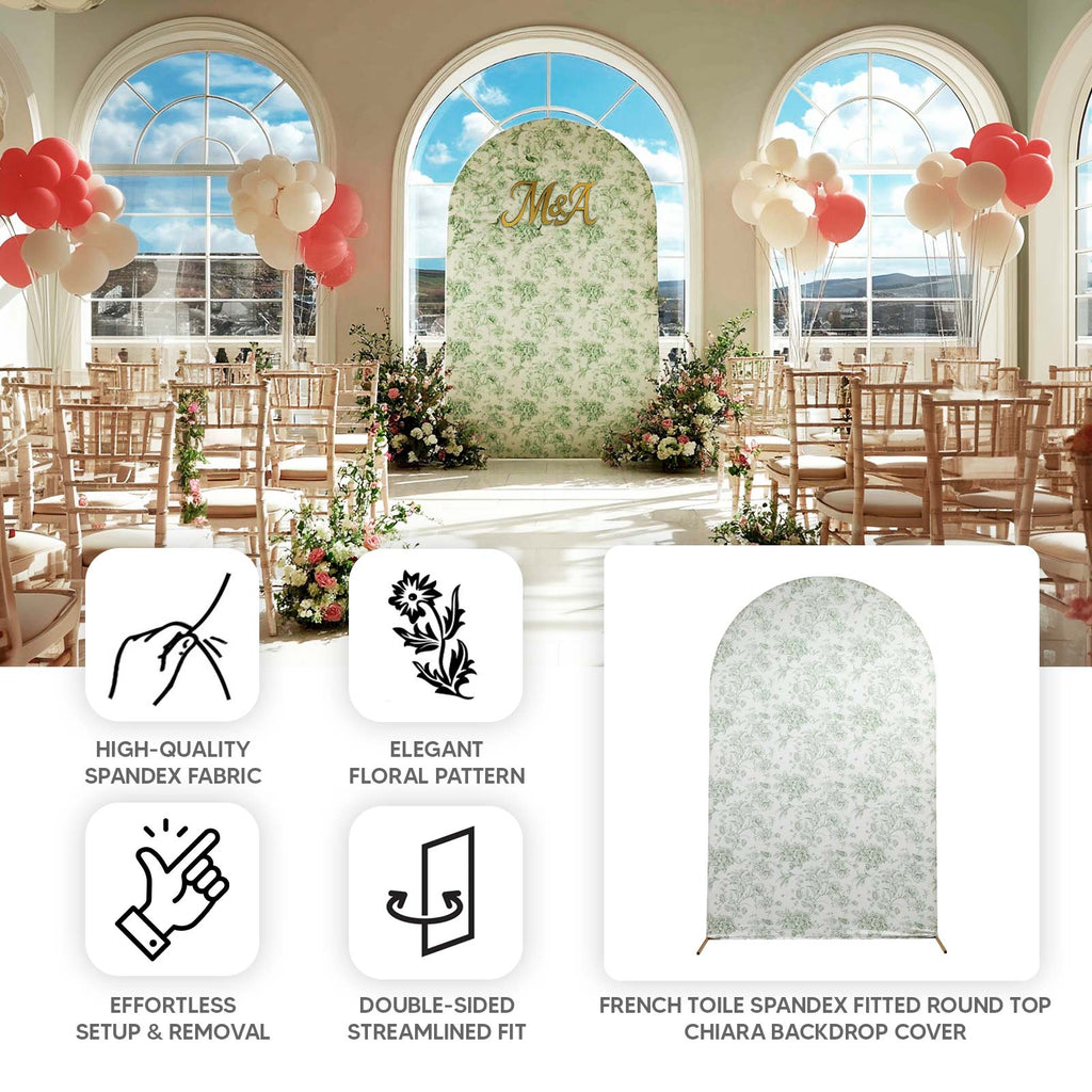 8ft Fitted Spandex Chiara Backdrop Cover â€“ French Toile Blue & White Floral Arch Slipcover for Round Top Wedding Stand - Bell Racket Store