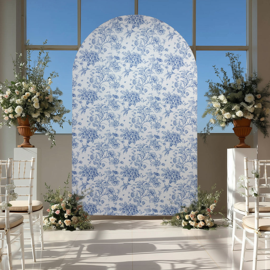 8ft Fitted Spandex Chiara Backdrop Cover â€“ French Toile Blue & White Floral Arch Slipcover for Round Top Wedding Stand - Bell Racket Store