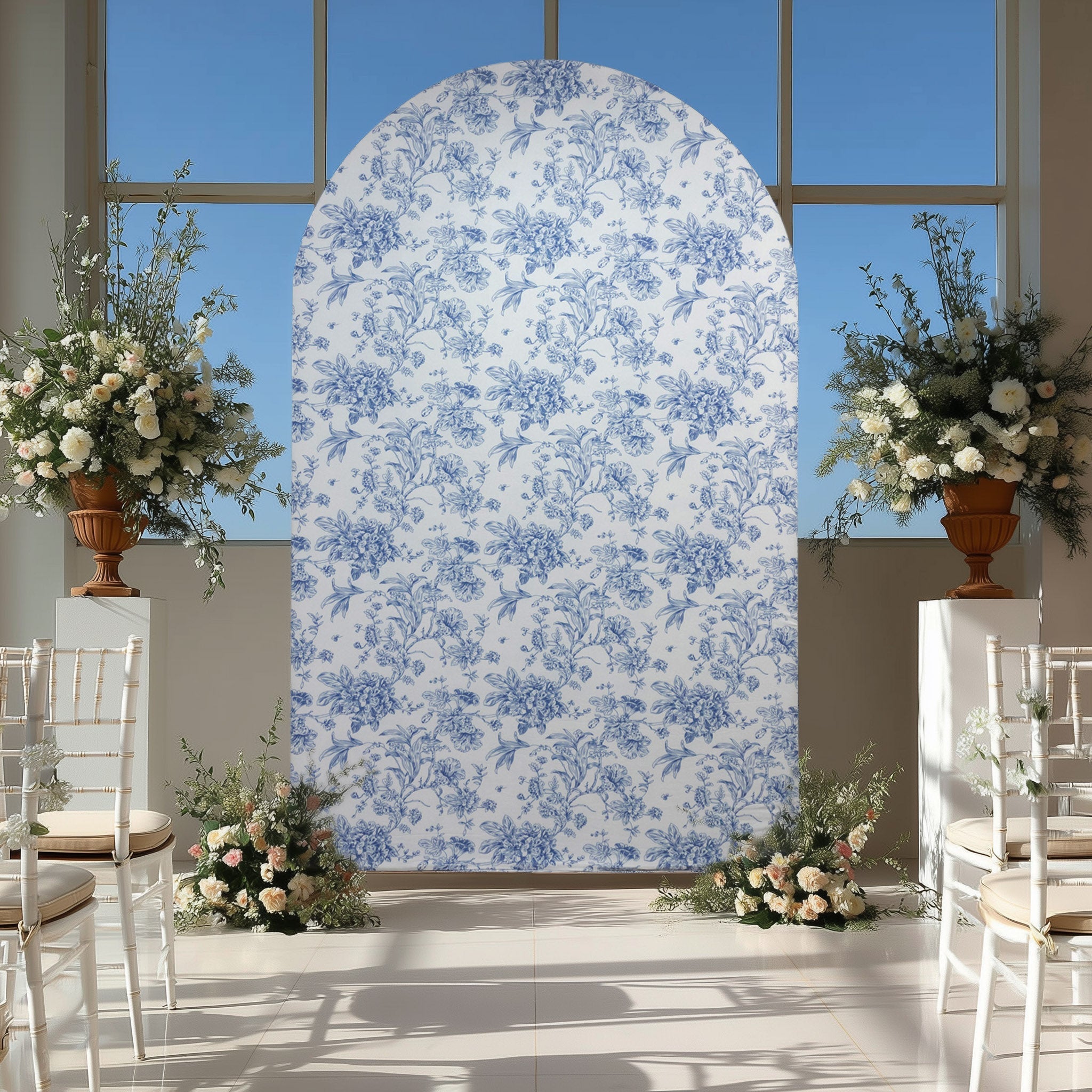 8ft Fitted Spandex Chiara Backdrop Cover â€“ French Toile Blue & White Floral Arch Slipcover for Round Top Wedding Stand - Bell Racket Store