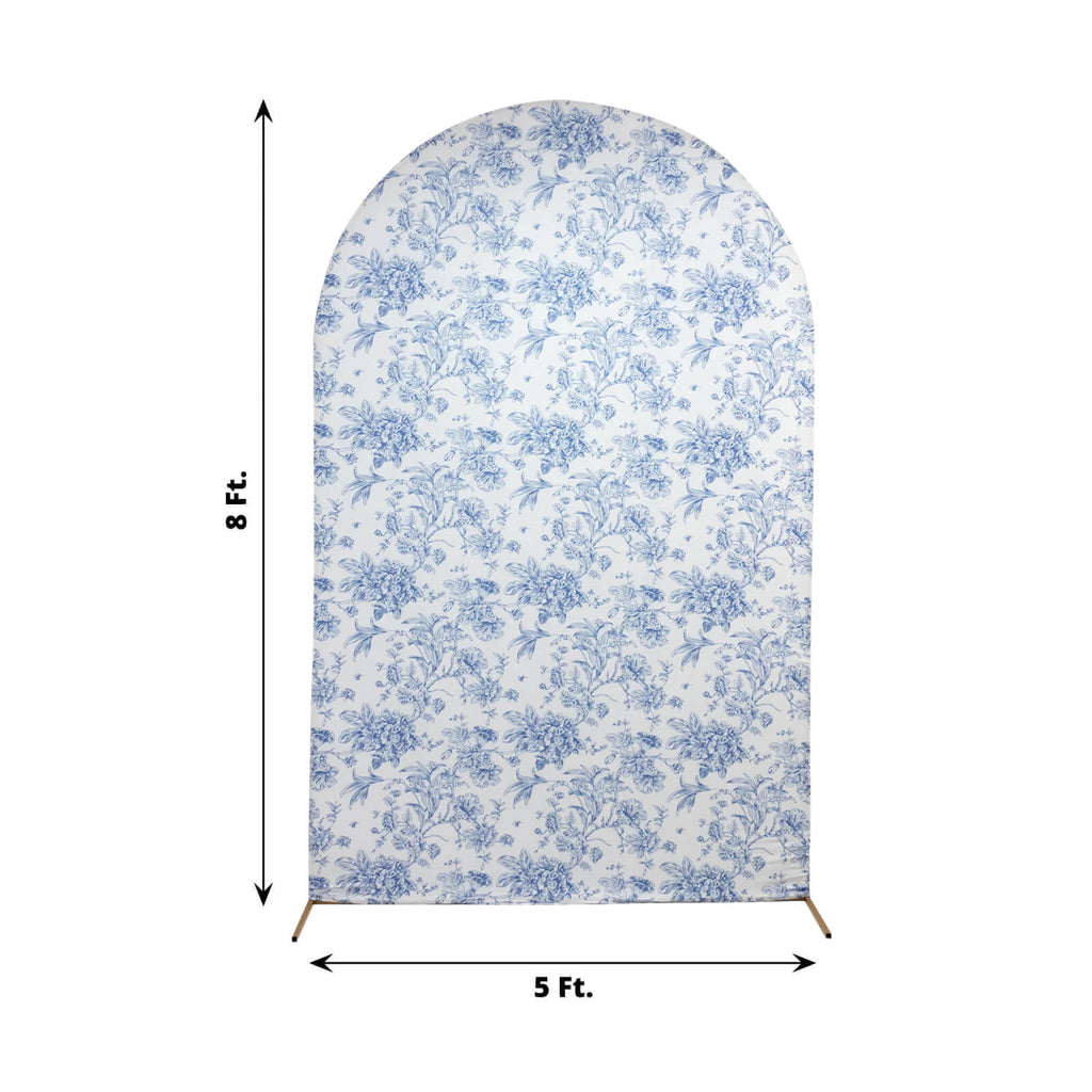 8ft Fitted Spandex Chiara Backdrop Cover â€“ French Toile Blue & White Floral Arch Slipcover for Round Top Wedding Stand - Bell Racket Store