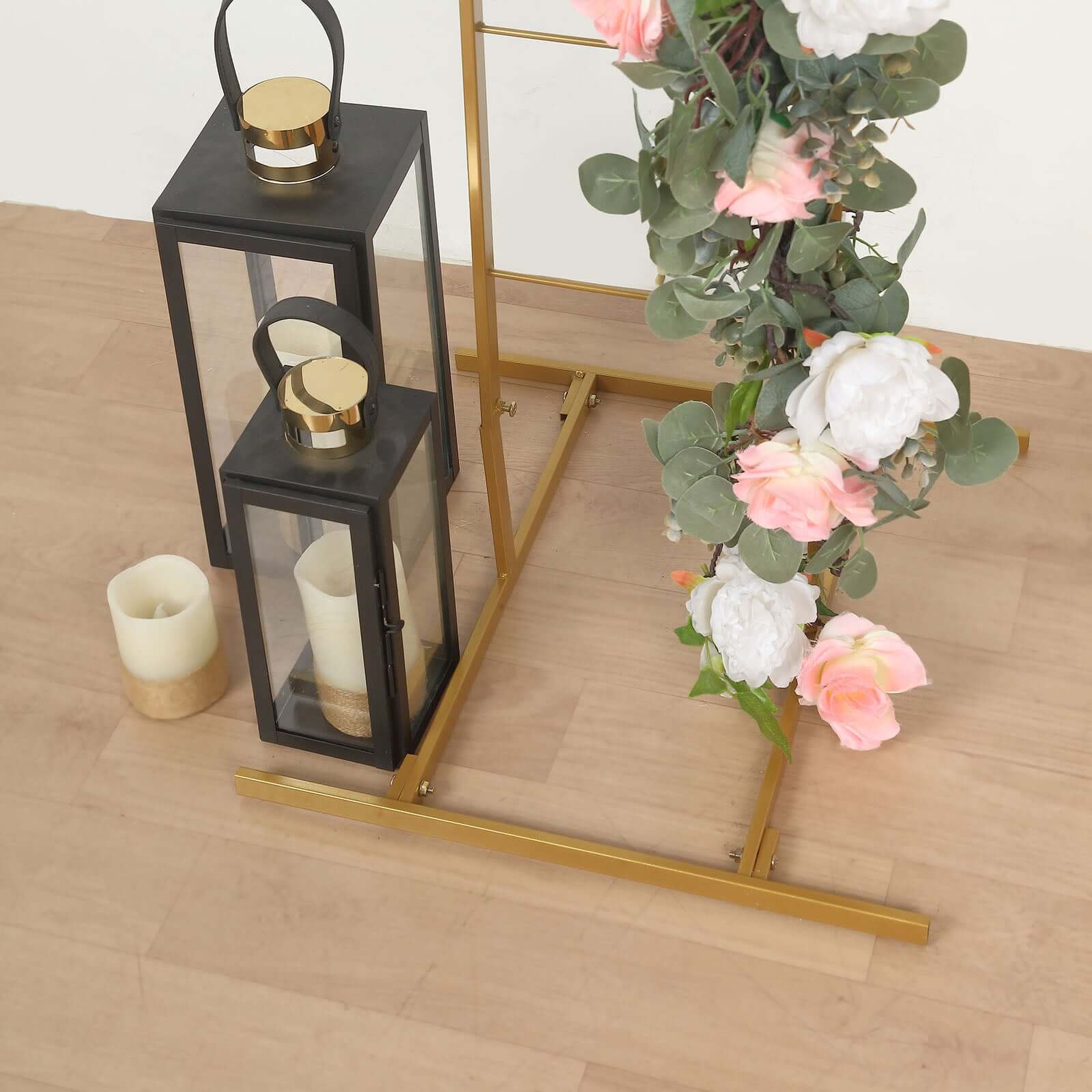 8ft Gold Metal Curved Flower Frame Balloon Arch Stand, Collapsible Wedding Aisle Photo Backdrop With Solid Rectangular Base - Bell Racket Store