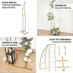8ft Gold Metal Curved Flower Frame Balloon Arch Stand, Collapsible Wedding Aisle Photo Backdrop With Solid Rectangular Base - Bell Racket Store